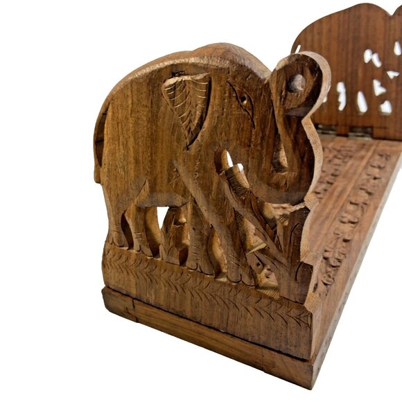 Expandable Book Ends Elephant Design Ornate Carved Wood Sliding India Library - Picture 1 of 8